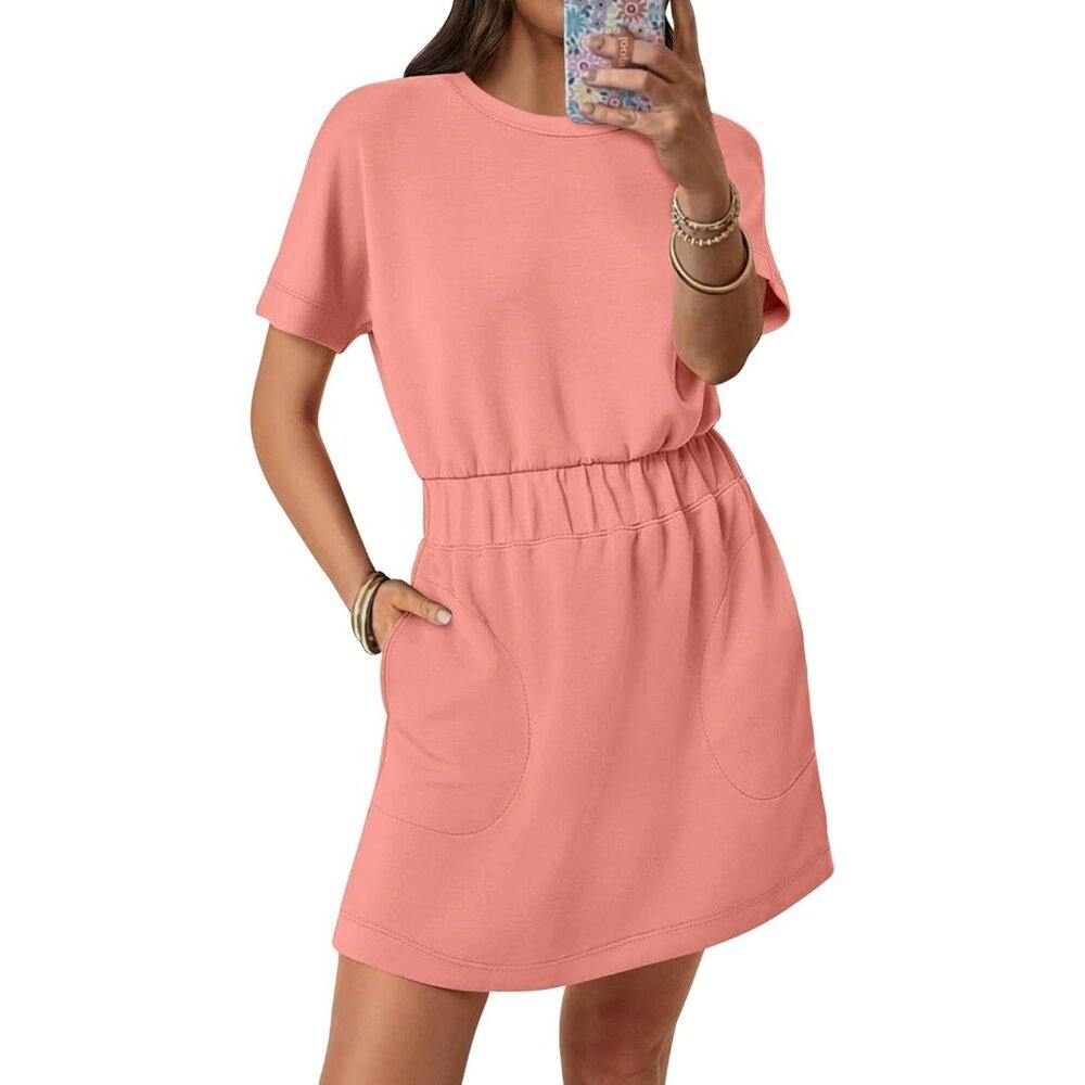 Anrabess Women Coral Crew Neck Elastic Waist Mini T Shirt Dress With Pocket